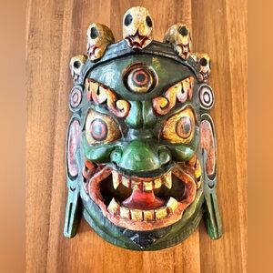 Artisan Nepal Antique Wood Painted Bhairav Mask Wall Hanging - Green
